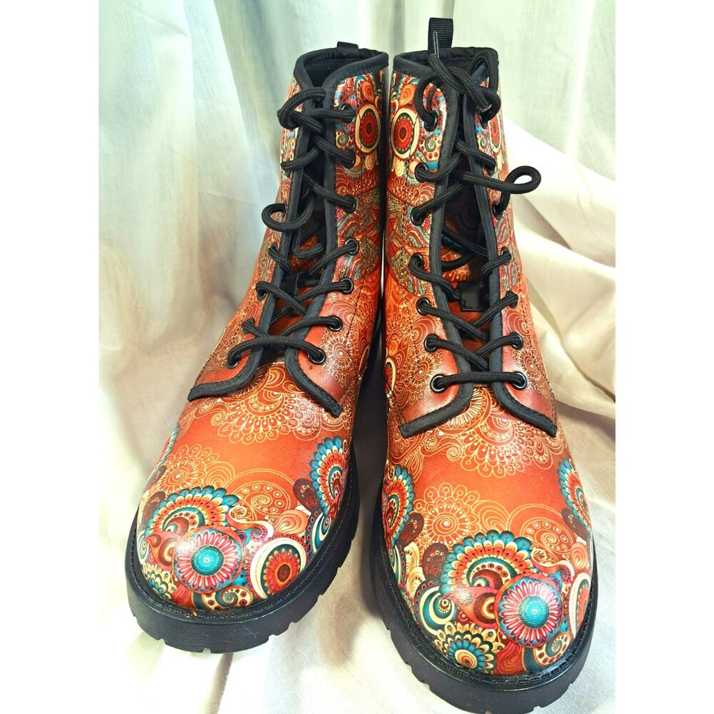 Mandala Orange Dragon Fly Womens 11 Wide Mens 8.5 Eu 42 Combat Boots Vegan - Picture 6 of 8